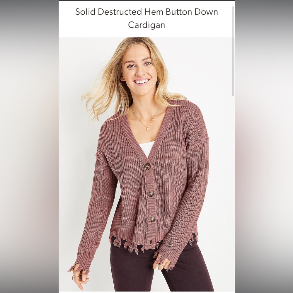 Solid Destructed Hem Button Down Cardigan - image 1